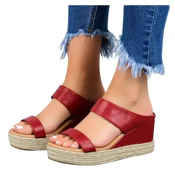 

EOEODOIT Sandals Wedges Heel Slippers Women Casual Leather Slip On Open Toe Summer Elevator Sandals Shoes Plus Size Wedges Pumps