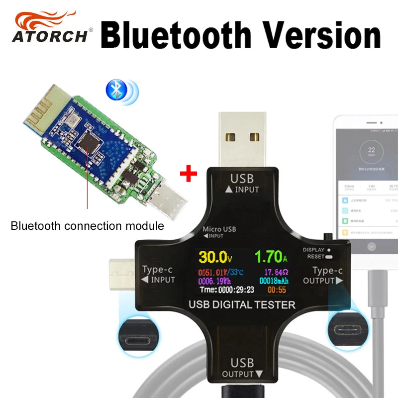 Цветной TFT USB тестер Bluetooth Type C PD цифровой вольтметр измеритель напряжения тока