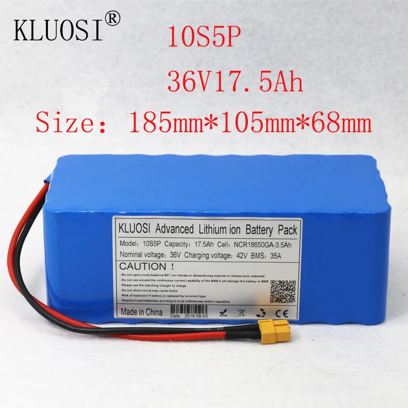 KLUOSI 36V батарея 10S5P 17.5Ah для NCR18650GA с 35A баланс BMS 42V литий-ионный аккумулятор электровелосипед электрический велосипед мотор скутер