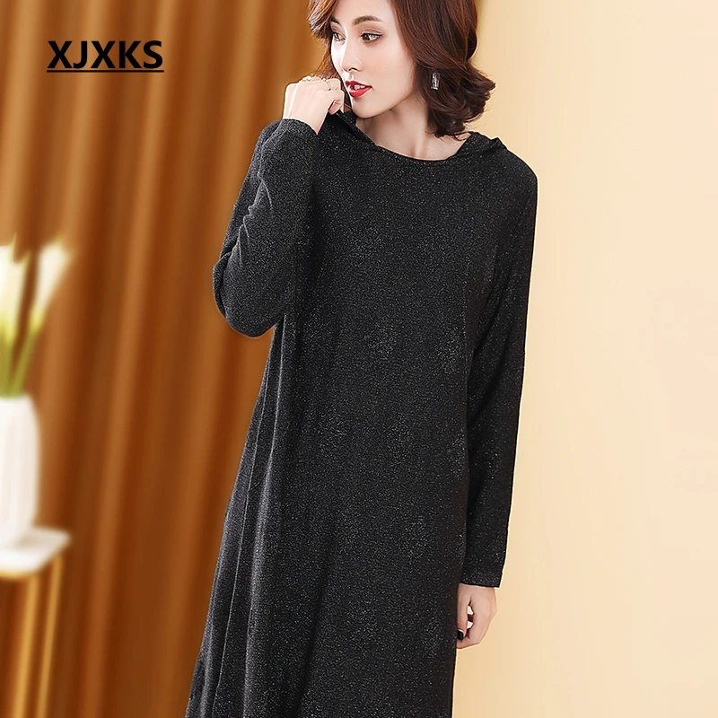 

XJXKS Women Dress Fall 2019 Long Sleeve Hooded Knee-Length Dress Loose Comfortable Dress High Quality Knitted Dress Black Dress