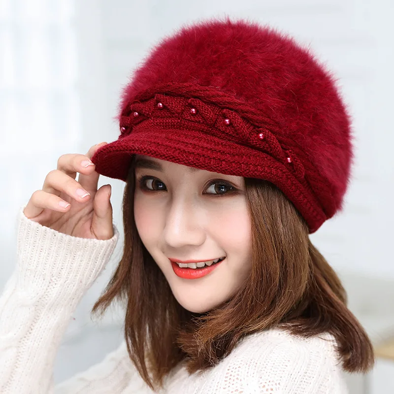 Новинка, модный Регулируемый зимний женский берет из кроличьего меха, одноцветная плоская шапка, теплые вязаные наушники, Шерстяная Шапка-бини