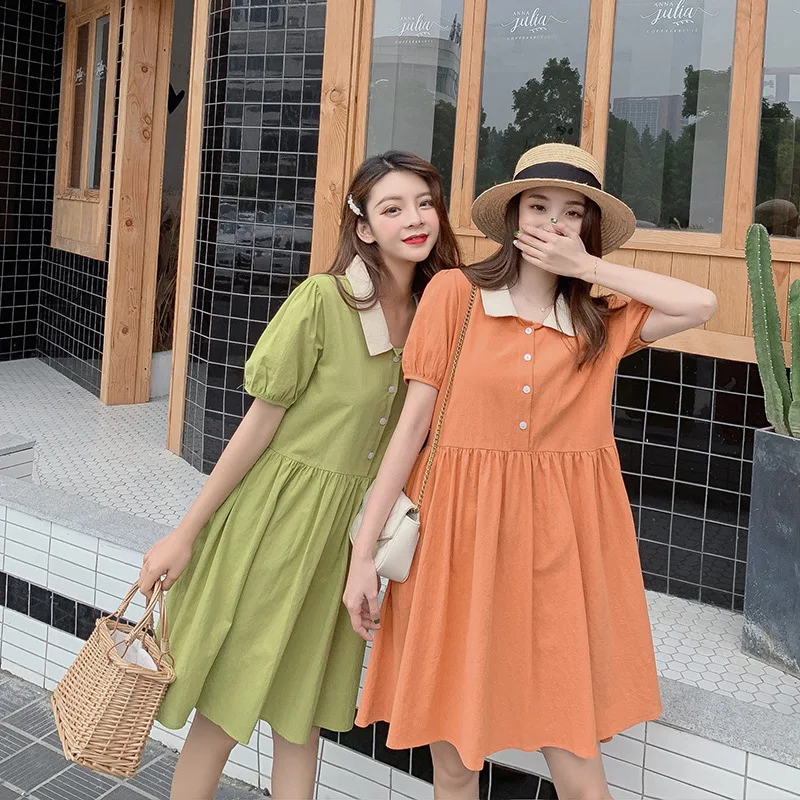 

2019 New Style Summer French fu gu qun High-waisted Dress Short Sleeve Slimming Green Platycodon Grandiflorum Skirt Women's