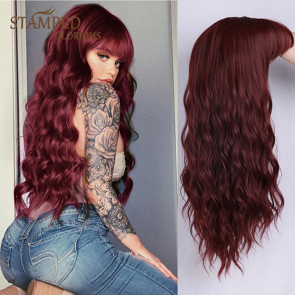 

Stamped Glorious Long Red Wigs 26inch Natural Headline Wave Synthetic Wigs with Full Bangs For White/Black Women Cosplay Women