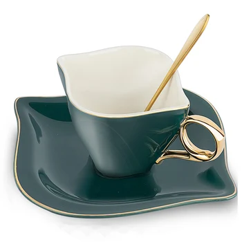 

Creative Modern Tea Cup Set Porcelain Reusable Ceramic Coffee Cup Saucer Spoon Gold Rim Tazas De Cafe Kitchen Supplies EB50BD