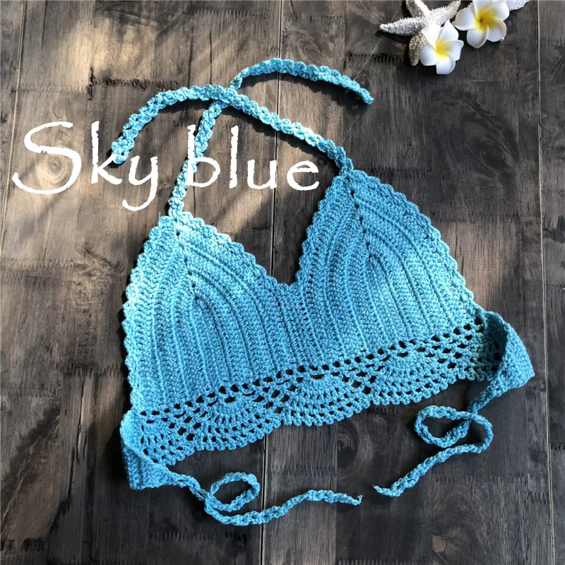 Solid Crochet Bikini Top Women Boho Beachwear Bralette Halter Bikinis Knitted Bra Swimming Bathing Suit Mujer One-Piece Swimwear