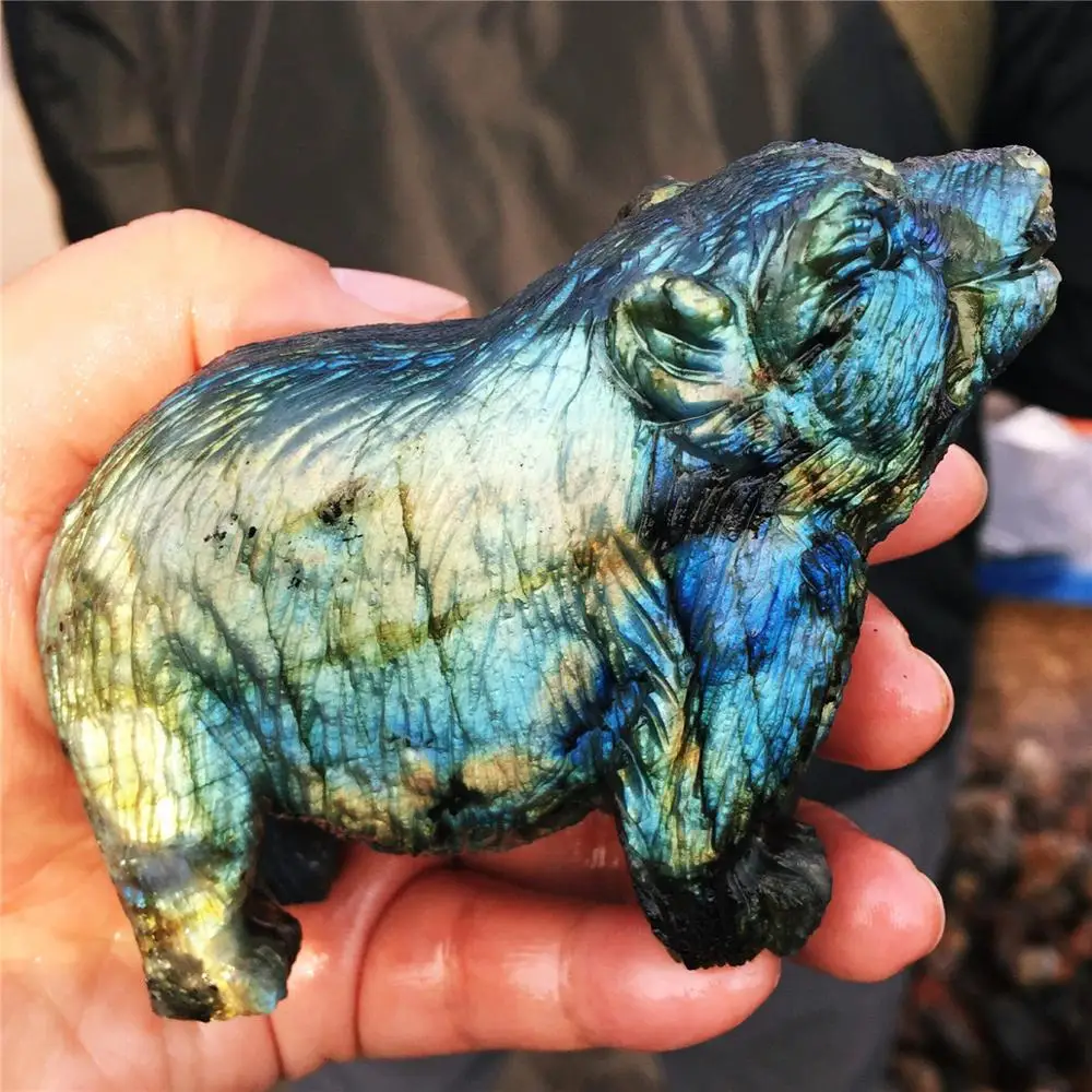 1pcs AAAA Natural labrador stone hand carved animal polar bear crystal statue decorated Christmas gift Eve | Дом и сад