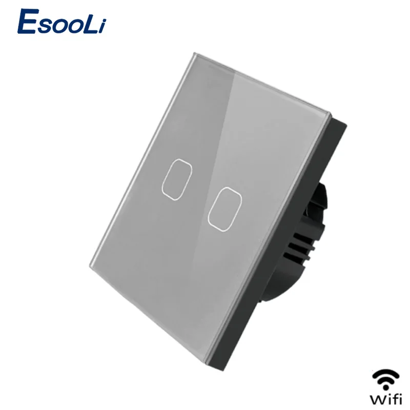 Esooli 2 банды ЕС/Великобритания wifi умный сенсорный выключатель приложение беспроводной переключатель настенный светильник серый кристалл стеклянная панель