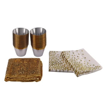 

Gold Disposable Table Supplies Paper Towels Tablecloth Wine Glasses Party Camping Decoration Supplies