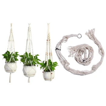 

2 Set Macrame Plant Hanger Kit White Macrame Plant Hanger Indoor Outdoor Hanging Planter Basket Cotton Rope,1 Set 2Pcs & 1 Set