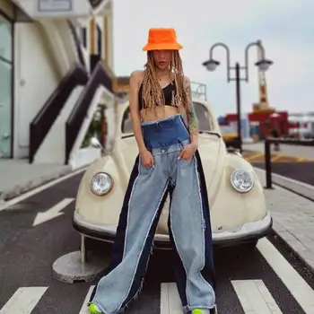 

Denim Patchwork Trousers Women High Waist Hit Color Large Size Wide Leg Pants Female 2019 Autumn Zippers Jeans