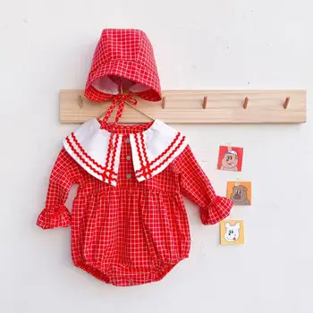 

2020 Autumn New Baby Girl Bodysuit Children Clothing Fashion Red Plaid Girls Bodysuit Cotton Long Sleeve Girls Jumpsuit With Hat