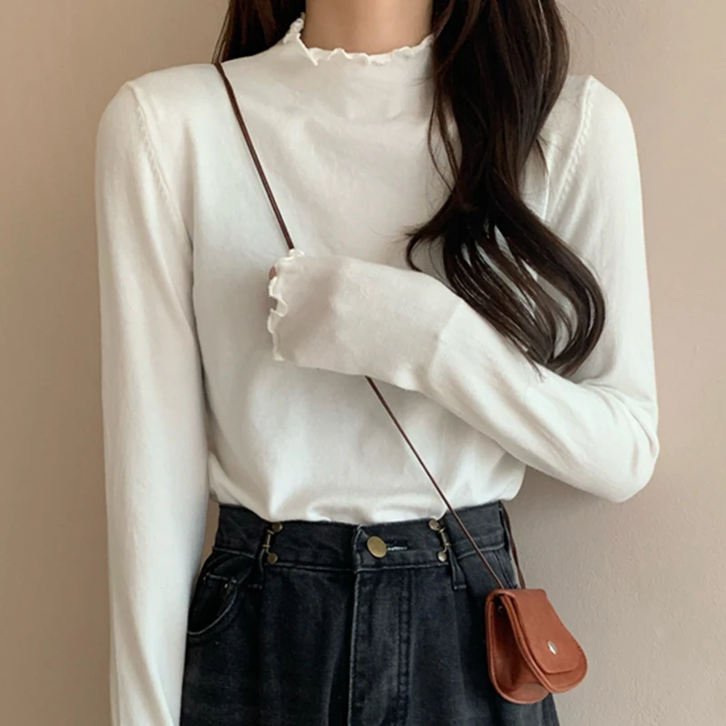 Autumn and Winter Western Style Internet Celebrity All-Match Wooden Ear Half Turtleneck Sweater Bottoming Shirt Women's Slim Top | Женская