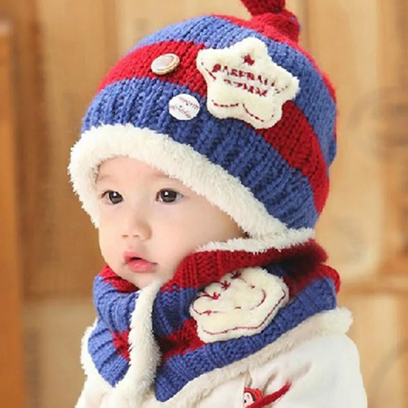 Комплект из 2 предметов; Детские шапочки; шапка; шарф для новорожденных; Детские шапочки; плюшевые зимние теплые шапочки - Цвет: Blue