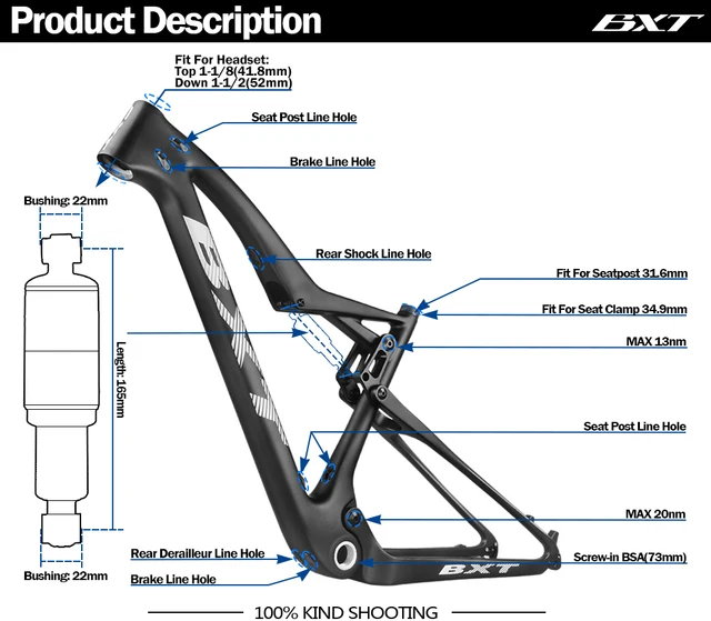BXT フルカーボンマウンテン自転車フレームクロスカントリー XC