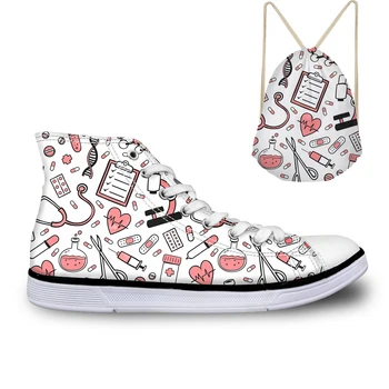 

THIKIN Kawaii Nursing Supplies Print Canvas Shoes High Top for Women Girls Lace Up Sneakers Cartoon Nurse Pattern Vulcanize Shoe