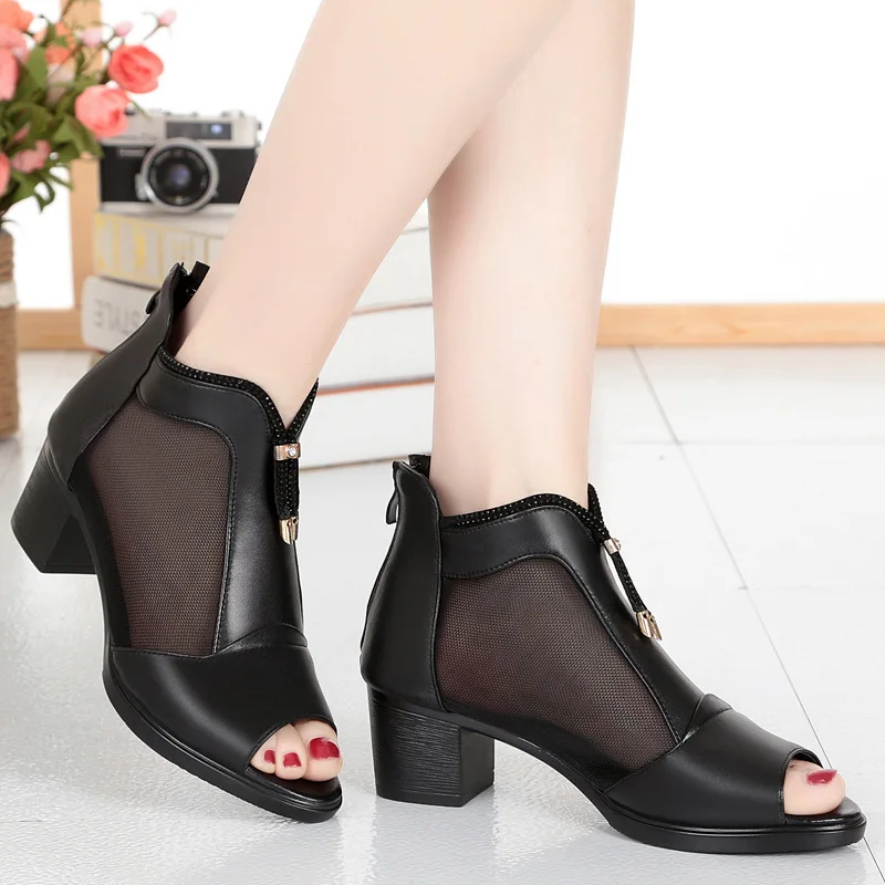 

2019 Summer New Style Fish Mouth Net Boots Semi-high Heeled Chunky-Heel Breathable Short Boots Simple Comfortable Mom Shoes Larg
