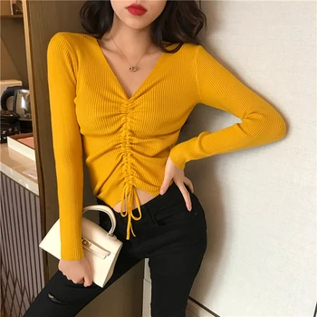 

4xl plus big size sweater women spring autumn winter 2020 new draw string pure color tight elastic sweaters female A5250