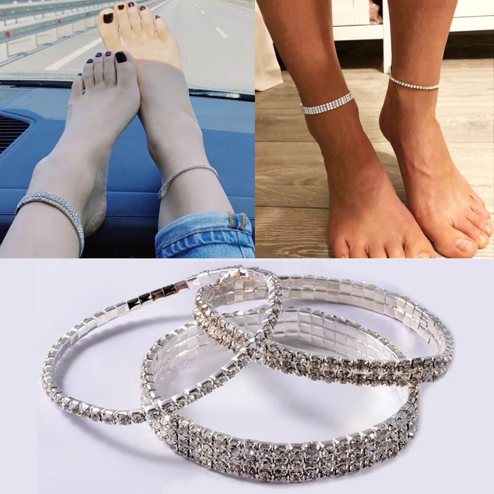 Women Sexy Clear Shining Crystal Rhinestone Silver Color Anklet Chain Ankle Bracelets Foot Ankle Wedding Fashion Jewelry 1/2/3