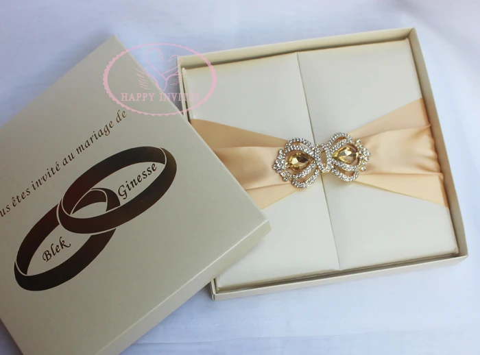 HI2003-132 Customzied Elegant Silk  Wedding Invitation in Beige with Gold Foil Printing & Champagne Gold Ribbon & Gold Grown Booch Made in China More Colors Available