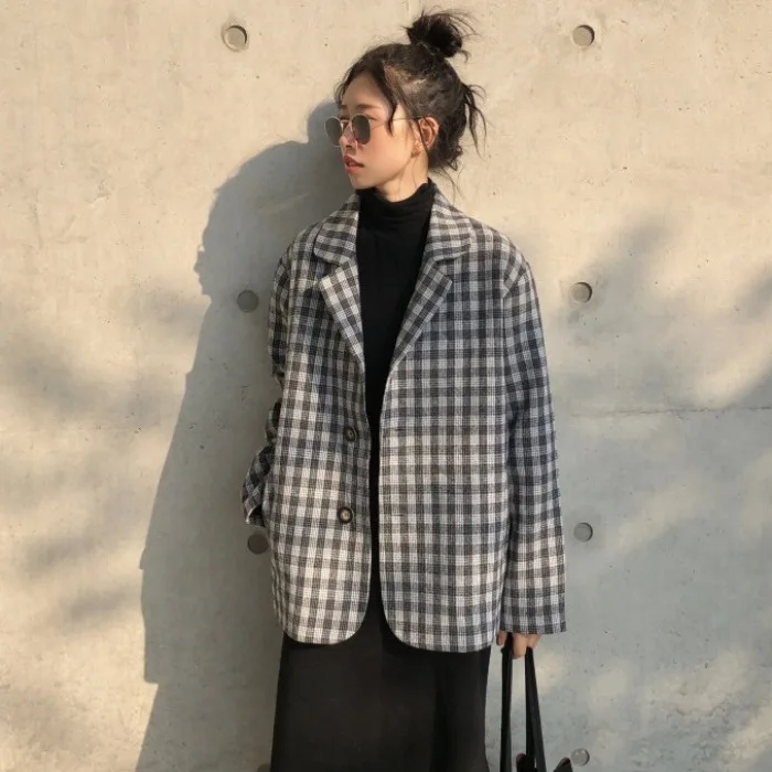 

Fox Mrs. Plaid Suit Jacket Female Autumn Loose-Fit Versatile Long-sleeved Upper Garment Elegant Online Celebrity Suit