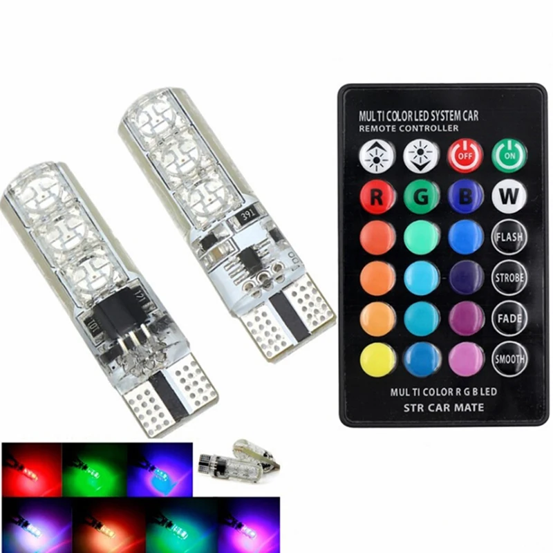 

2Pcs/lot Car RGB LED 12V T10 LED RGB T10/192/W5W Remote Controller Reading Wedge Light Signal Lamp