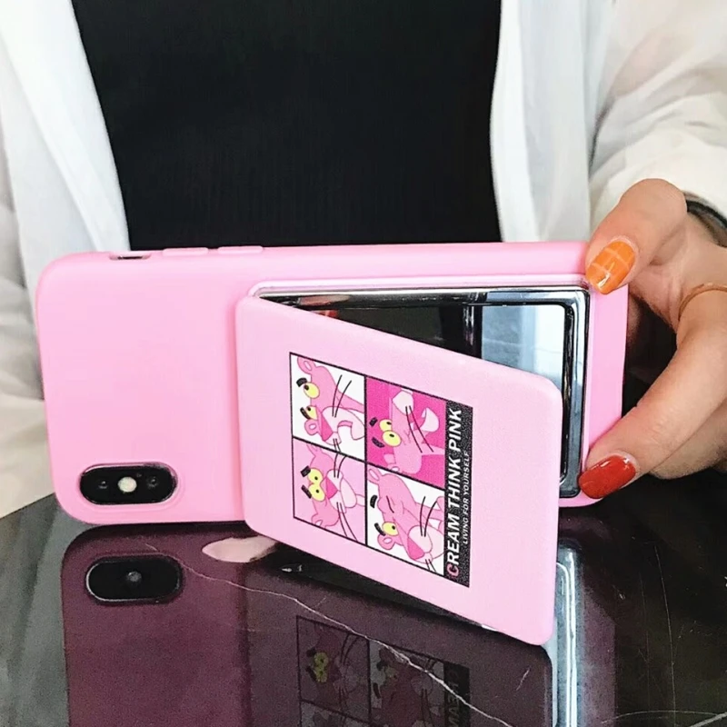 

Cute Pink Panther Flamingo Makeup Patterned Mirror Case For Samsung Galaxy S10-5G Note 9 8 10 Plus A10 A20 A30 A50 A70 A80 Cover