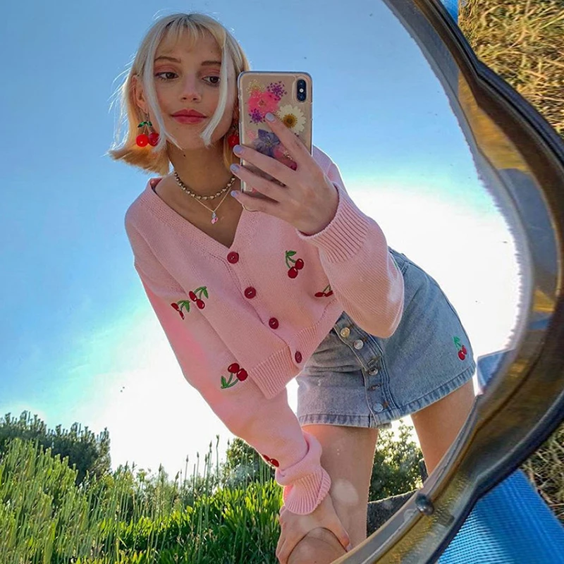 

Cute cherry girl heart pink knit short jacket women's all-match slim long-sleeved top