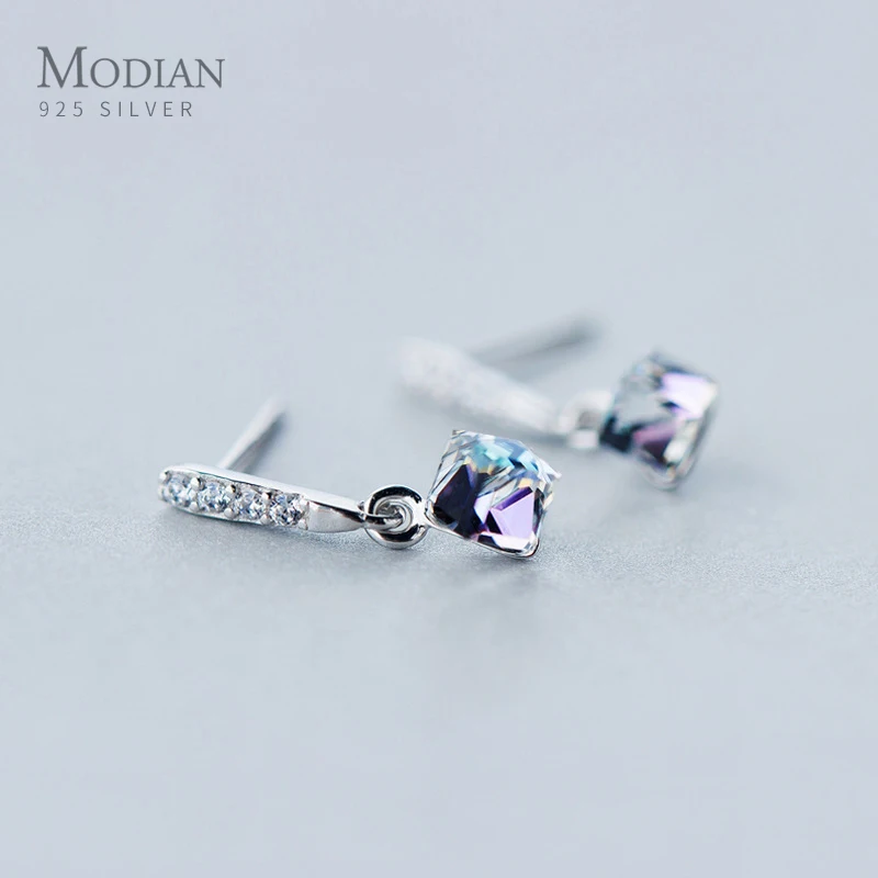 

Modian New Arrive 100% 925 Sterling Silver Square Rainbow Crystal Drop Earrings For Women Dangle Ear Fashion Silver Jewelry