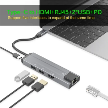 

6 IN 1 USB HUB Type C to HDMI 4K USB3.0 Hub SD/TF Adapter USB 2.0 RJ45 PD Adapter Hub for MacBook Pro Samsung S8 S9