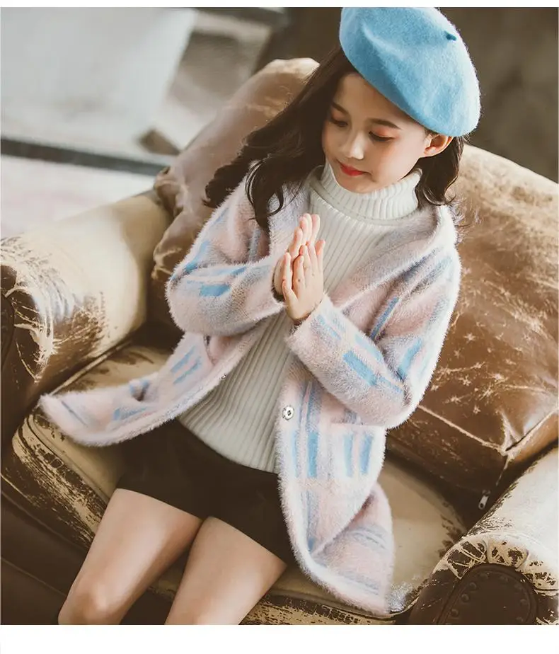 Autumn Winter New Kids Girls Long Sleeve Hoodie Clothing Children Girls Warm Woolen Jacket Teen Plaid Wool Coat Outwear K53