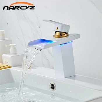 

Basin Faucets LED Light Waterfall Basin Tap for Bathroom Torneira White Finish Deck Mounted Sink Mixer Tap A1018