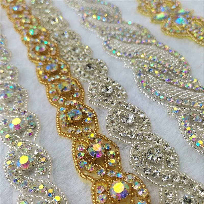 Rhinestones Crystal Dress Applique silver beaded trim wedding dress rhinestone lace Iron On Sew On Applique DIY 1 Yard sewing rhinestones glass crystal rhinestones