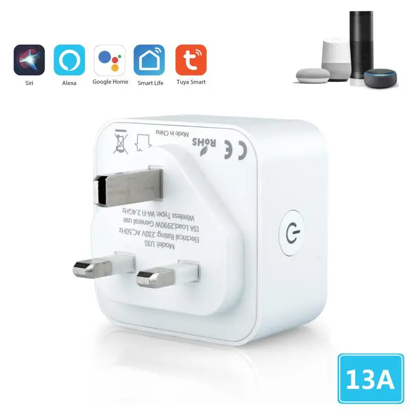 13A UK WiFi Smart Socket Plug Basic Wireless Remote Socket Adapter Power Switch Work with Echo Alexa Google Home For IOS Android