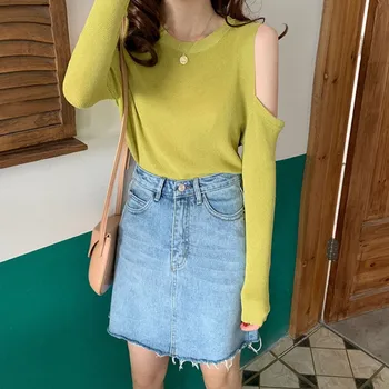 

Sexy Women Off-the-shoulders Sweater Autumn Winter Solid Slim Long-Sleeved Round Collar Slim Bottom Knit Sweater CY01