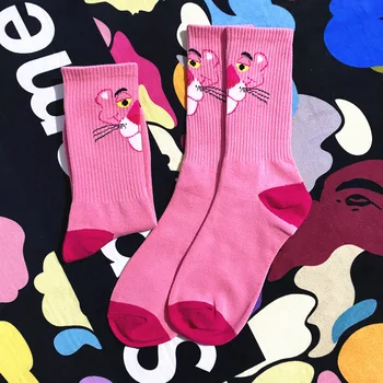 

Preppy Style Pure Cotton Sport Socks Women Girls Pink Naughty Leopard Head Funny Socks Novelty Creative Animal Calcetines Mujer
