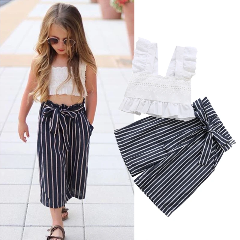 

2PCS Toddler Kids Baby Girls Summer Lace Outfits Solid T-shirt Crop Tops Vest + Pants Outfits Set Tops Clothes Set