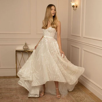 

2020 New Arrival Ivory Sweetheart A Line High Low Bridal Gown Wedding Dress with Belt