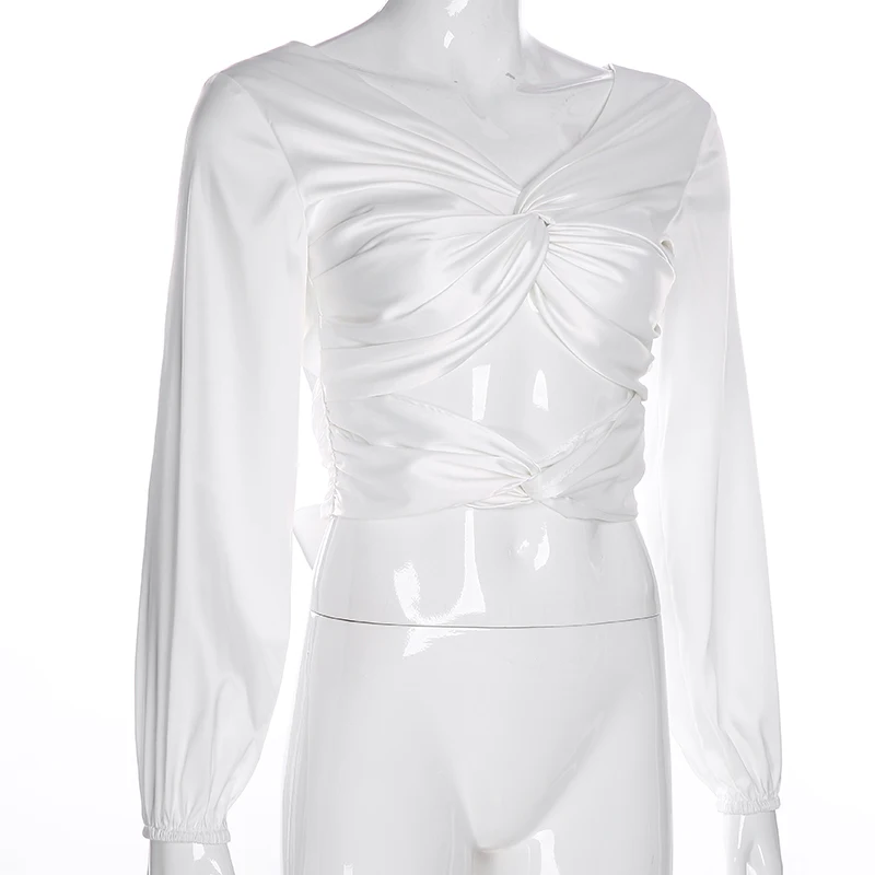 Rapwriter сексуальный полый крест повязку v-образным вырезом белая сатиновая блузка для женщин лето с открытой спиной на шнуровке с длинным рукавом Короткие топы