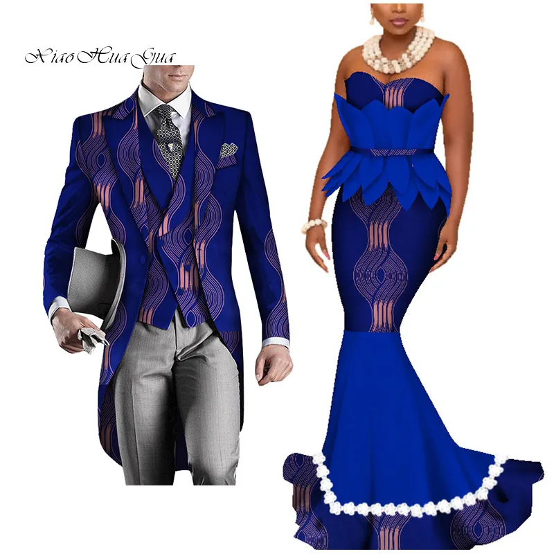 Dashiki African Couple Clothing Women's Dress+Men's Blazer&Vest 3 Pieces Set African Mermaid Print Dresses for Couples WYQ425 - Цвет: 18