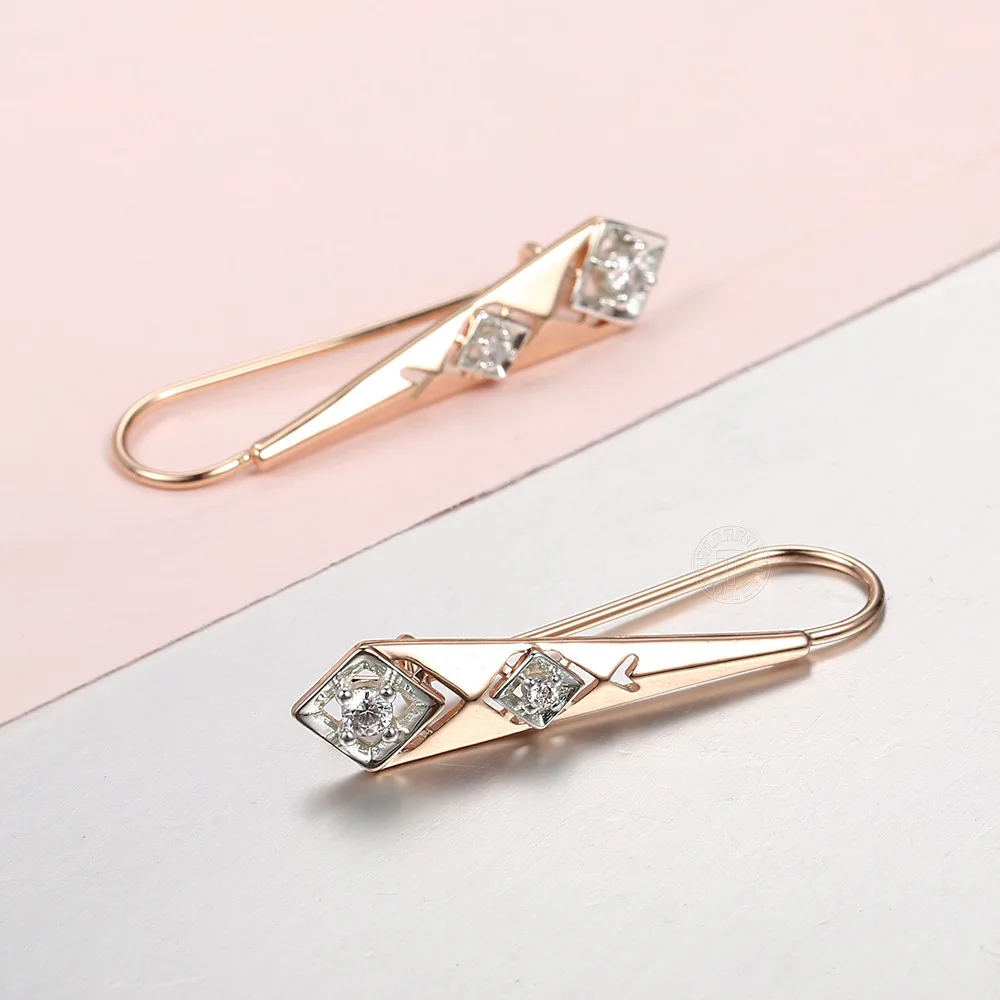 

585 Rose Gold Color Long Drop Dangle Earrings for Women Girls Fashion Geometric Rhombic CZ Stones Earrings Party Jewelry DGE315A