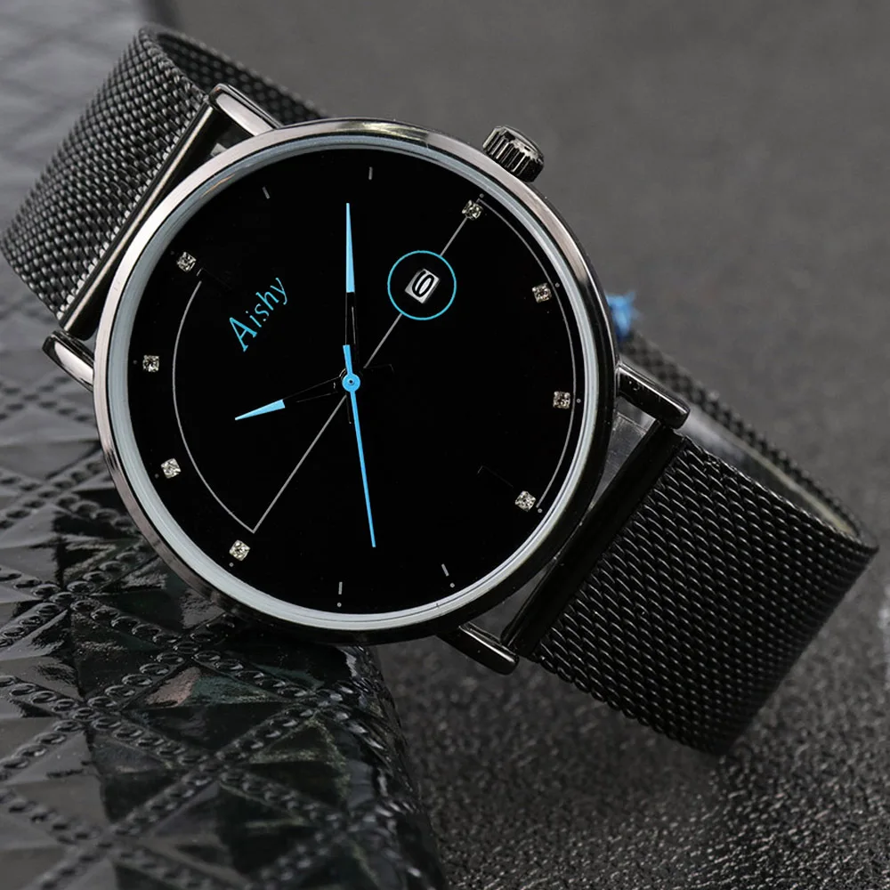 

Men's Fashion Stainless Steel Mesh Belt Leather Band Waterproof Calendar Quartz Watch Simple Wristwatches Male Clock