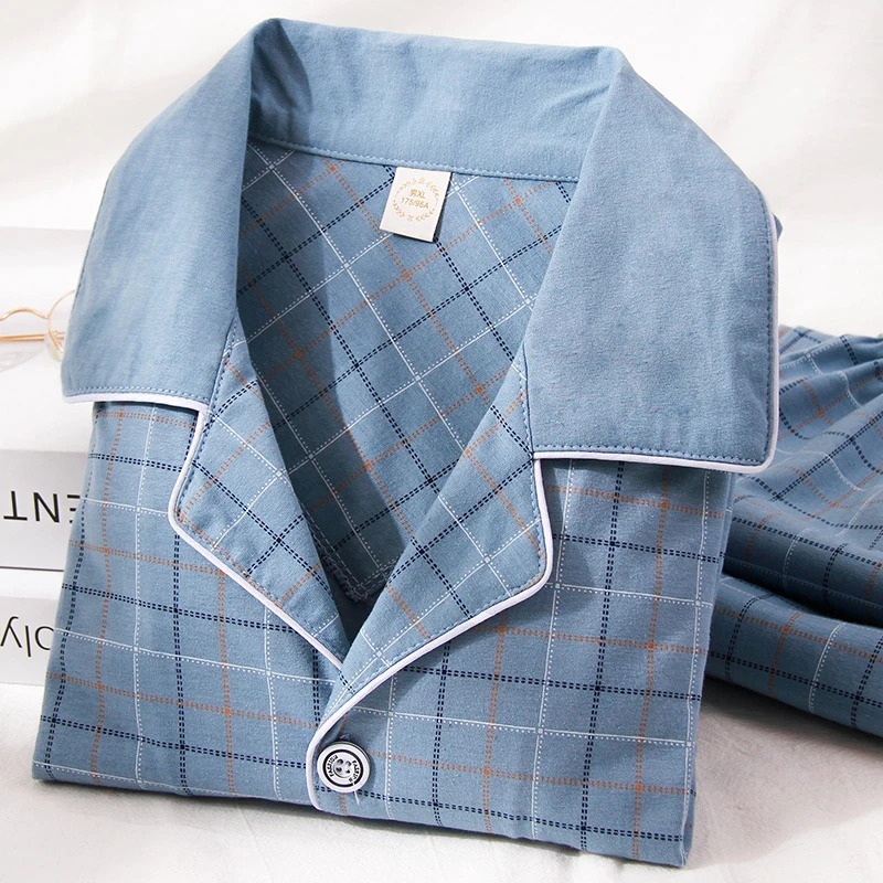 Blue Plaid Cotton Pijamas Superior Hombre New life Long Button-D Sleeves Sleepwear