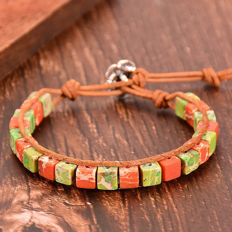 BOHO красочные кости форма натуральный камень один кожаный браслет обруча полудрагоценный камень квадратный бисерный Браслет-манжета