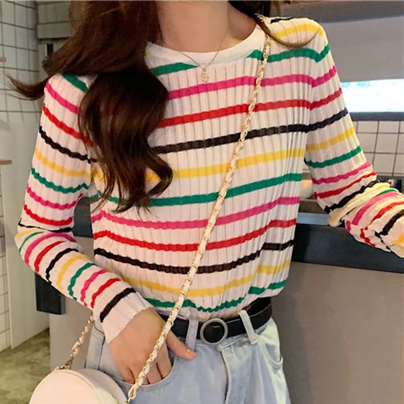 Rainbow Striped Sweater Women Autumn New Slim fit Pullover Sweaters Student Wild Knitted Jumper Top Soft Warm Female | Женская одежда