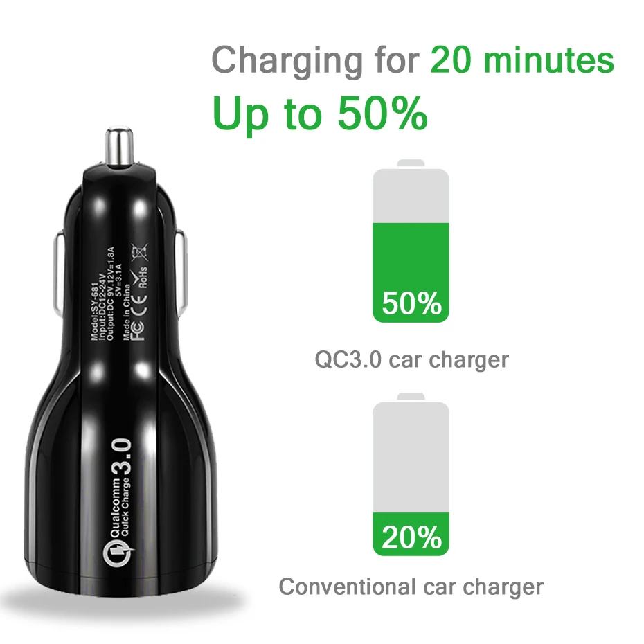 Автомобильное зарядное устройство Quick Charge 3,0 для мобильного телефона, двойной Usb адаптер питания Qualcomm Qc 3,0, адаптер быстрой зарядки, мини Usb Автомобильное зарядное устройство