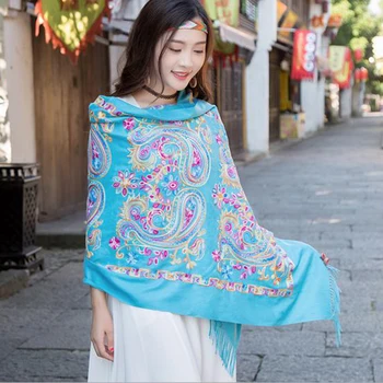 

Lady Oversize Shawl Embroidery Flower Pashmina Cashmere Scarfs Exquisite Tassels Scarf Soft Shawls Long Blue Scarves