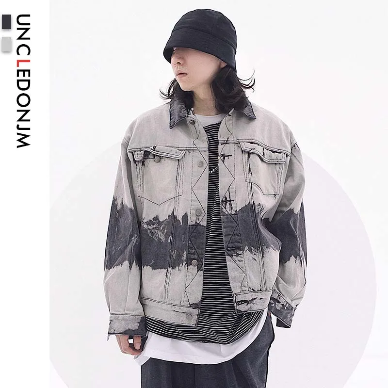 UNCLEDONJM Tie Dyed Jeans Jacket Hipster Holes Loose Hip Hop motorcycle Cotton black Casual Denim Jackets AD-1972 |