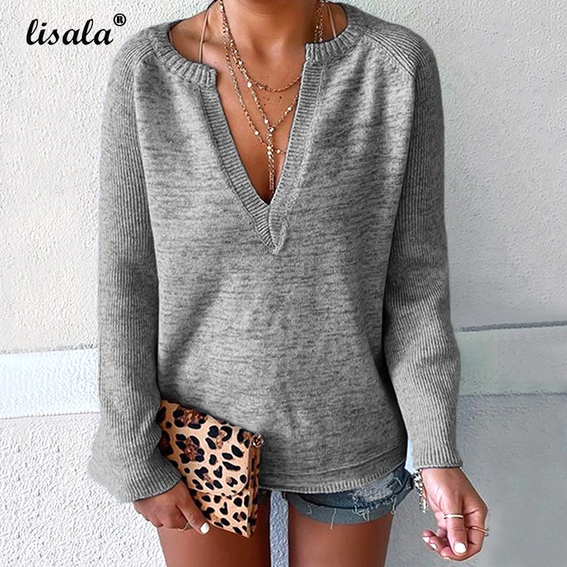 

LISALA Casual Knitted Sweater Women V-neck Long-Sleeved Pullovers Loose Solid Autumn Winter Sweaters