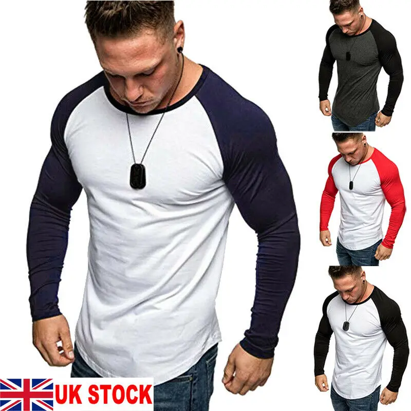 UK Hot мужская Тонкая Повседневная футболка с длинным рукавом хлопковая Футболка