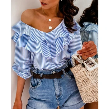 

Off shoulder Ruffles Stripe Blouse 2020 Women Office Lady Elegant Elbow Sleeve Holiday Blue Blouse Shirts Plus Size S-2XL
